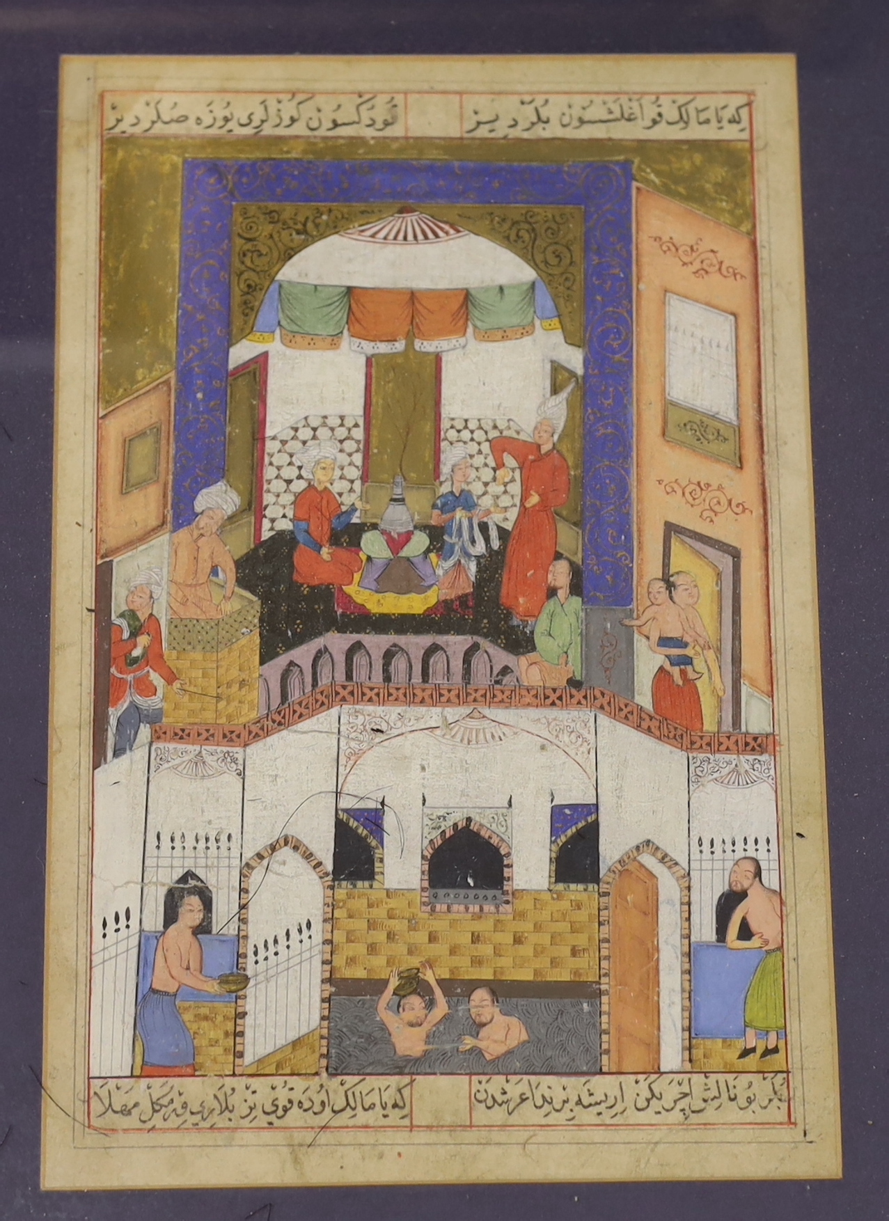 Five Indian Mughal style gouache paintings of court scenes and figures on horseback, largest 22 x 14.5cm